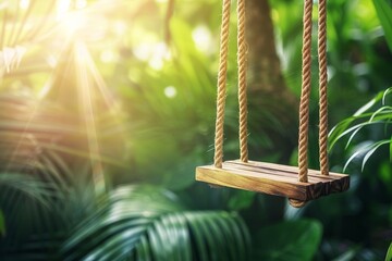 Rustic wooden swing in lush garden oasis  ideal for home landscaping inspiration