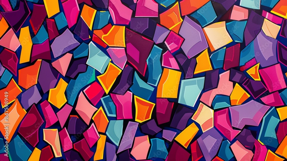 Poster a vibrant abstract pattern with bold colors, geometric shapes, and a sense of dynamic movement