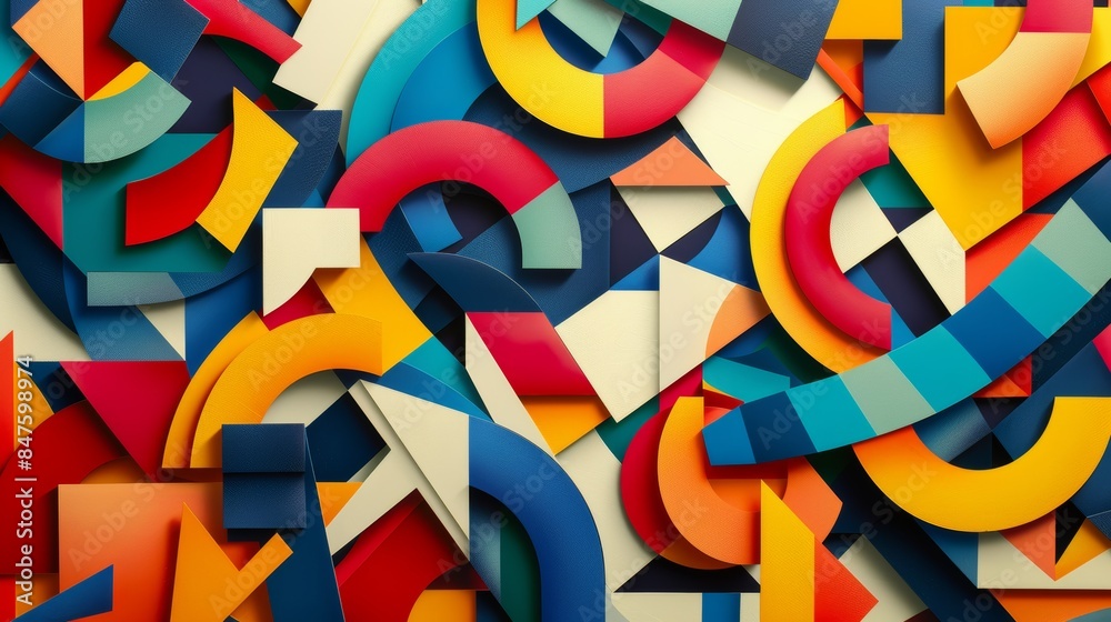 Poster a vibrant abstract pattern with bold colors, geometric shapes, and a sense of dynamic movement