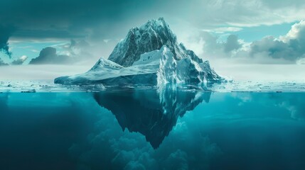 Mirrored view of a partially submerged iceberg, showcasing hidden depths of data and technology, intricate and engaging