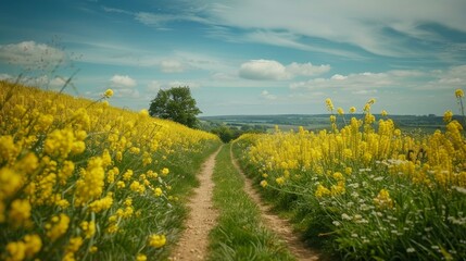Lush rapeseed field, a narrow country road weaving through, bright yellow flowers under a blue sky, tranquil rural setting
