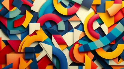 A vibrant abstract pattern with bold colors, geometric shapes, and a sense of dynamic movement
