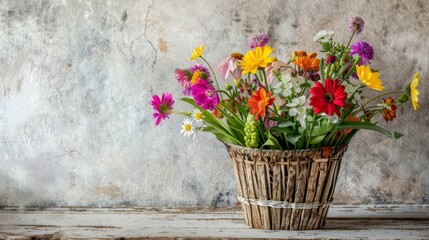 A vibrant still life arrangement of spring flowers in a rustic wooden basket, set against a clean whitewashed wall