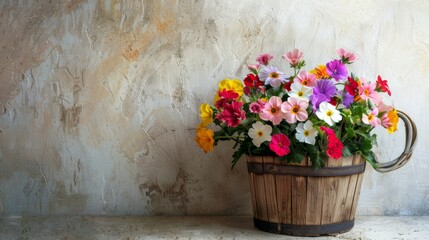 A vibrant still life arrangement of spring flowers in a rustic wooden basket, set against a clean whitewashed wall