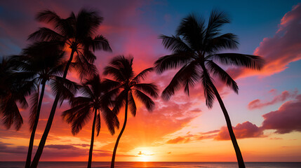 Obraz premium A beautiful sunset over a calm ocean with vibrant orange and pink hues reflecting on the water.