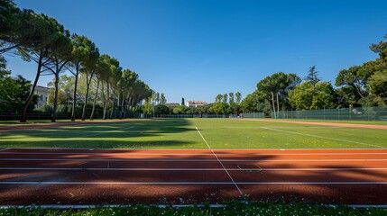 Photo of an outdoor running track in France, with a red surface and white lines. A green grass field lines the sides of the track.