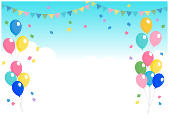風船と旗と雲の空フレーム背景11空色