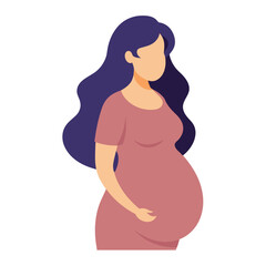 A pregnant woman with long hair is gently cradling her belly