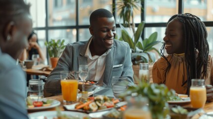 Friends laughing and eating