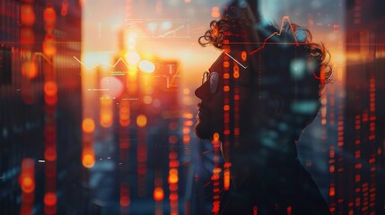 Close-Up Silhouette of Worried Businessman in Thought Amid Glowing Data Lines and Virtual Stock Charts, Double Exposed with Skyscraper Landscapes and Daylight