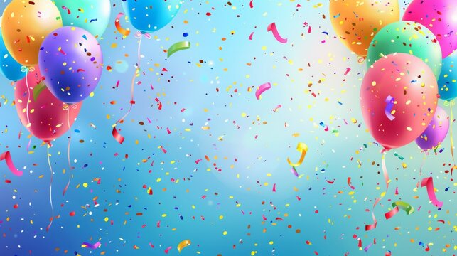 A colorful background with confetti, balloons, rainbows, and rainbows for a birthday party
