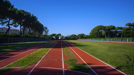 Obraz premium Photo of an outdoor running track in France, with a red surface and white lines. A green grass field lines the sides of the track.