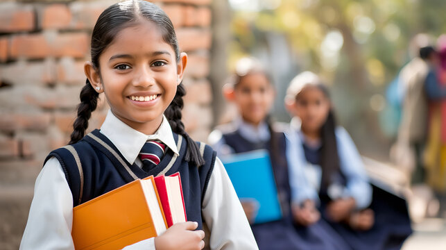 Indian young girl holding books in the school