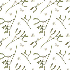 Seamless pattern of watercolor mistletoe with white berries on a transparent background. Christmas pattern in botanical style, for New Year's wrapping paper, textile, cards, digital or print design.