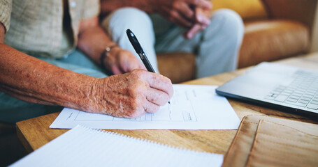 Senior man, paperwork and hands to sign or home for finance, life insurance and planning for...