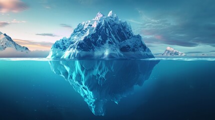 Iceberg partially submerged, mirrored view, symbolizing hidden layers of data and technology beneath the surface, vibrant and detailed