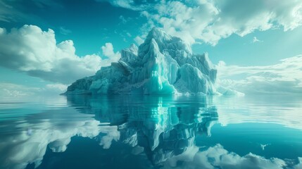 Iceberg partially submerged, mirrored view, symbolizing hidden layers of data and technology beneath the surface, vibrant and detailed