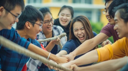 Group of young adults pulling on a rope