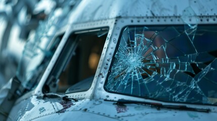 Exterior view of a plane, broken cockpit window, focus on the fractured windshield, detailed and dramatic scene
