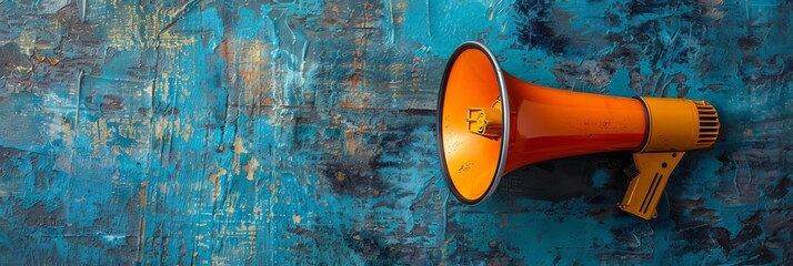 A large orange microphone is on a blue background