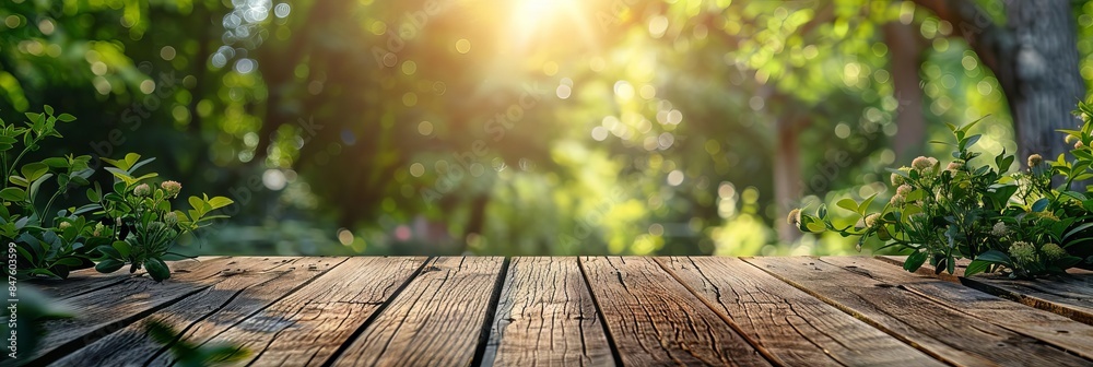 Poster a wooden table with a view of a forest