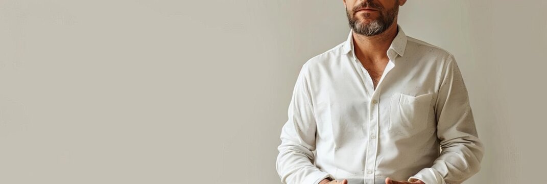 A man in a white shirt is holding a tablet in his hand