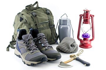 Hiking icons set. Camping equipment raster collection.