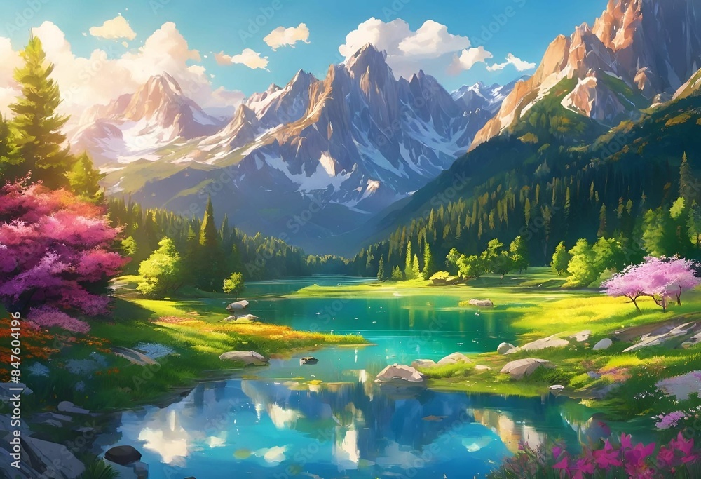 Canvas Prints AI generated illustration of a picturesque mountain landscape with a serene lake and clear blue sky.