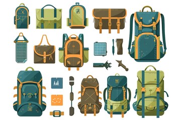 Hiking icons set. Camping equipment raster collection.