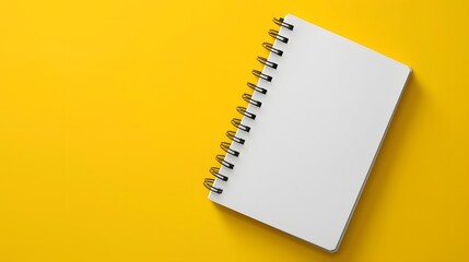 White spiral notebook on yellow background with space for writing, top view. Mockup for design and advertising of product or service.