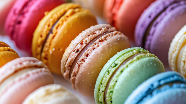 A row of colorful macarons with different flavors. The colors are yellow, pink, green, and blue. A french sweet delicacy, macaroons variety closeup.macaroon colourful texture