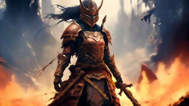 A powerful image of a warrior woman standing amidst a fiery battleground, clad in detailed armor with a glowing gem at her chest. 
