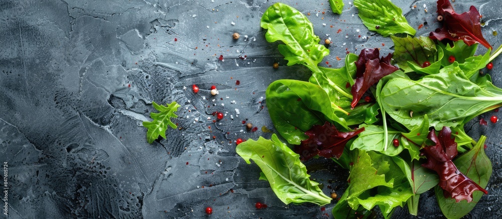 Wall mural green vegan salad on a grey stone table made from a mix of green leaves and vegetables.