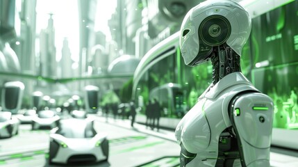 Futuristic robot among neon-lit city