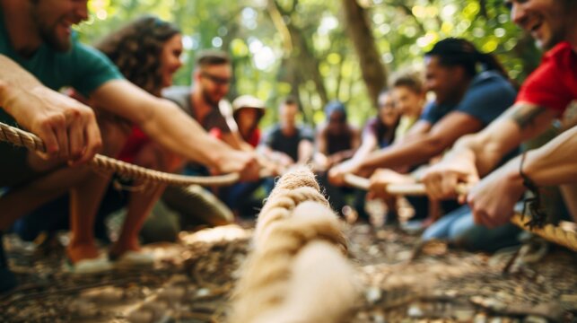 Group pulls rope during team building - Powered by Adobe