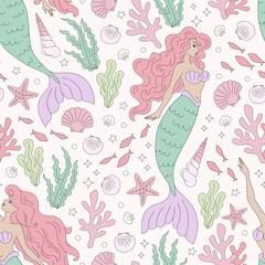 Mermaid Corals Shells vector seamless pattern. Groovy underwater background.
