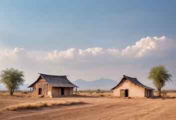 Fototapeta premium a dirt road with two small buildings in the middle of it