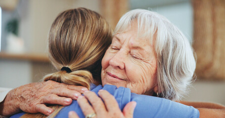 Senior woman, nurse and hug with support for love, elderly care or assistance at nursing home....