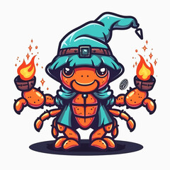 Obraz premium Cute Scorpion wizard cartoon character wearing magic robe and magic hat. Chibi Scorpion magician