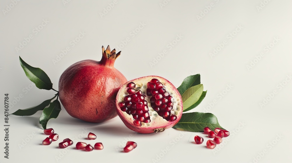 Wall mural Fresh pomegranate on white background with scattered seeds. Perfect for food blogs, health articles, and recipe illustrations. Minimalist style with natural colors. Conceptual natural health image. AI - Wall murals