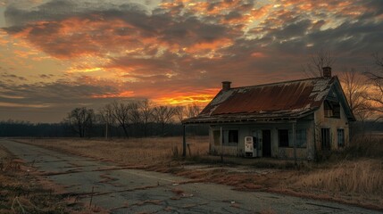 Desolate gas station on a rural road, bathed in the warm hues of sunset, capturing the beauty in abandonment
