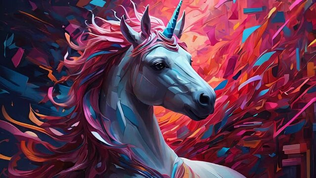 beautiful unicorn with rainbow mane on colored abstract background.