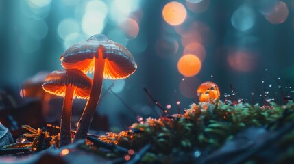 Close-up of mushrooms growing on the forest floor, rich textures and natural lighting, capturing the earthy beauty of the scene