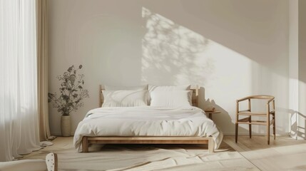 A serene bedroom decorated with a simple bed, neutral tones, and minimal decor