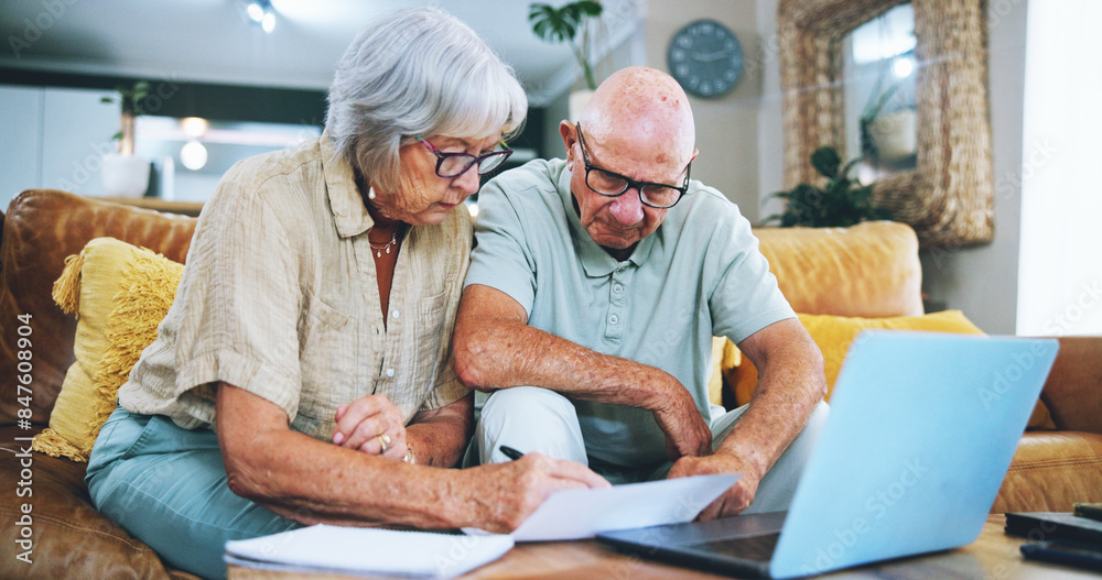 Sticker Senior couple, paperwork and laptop in home for finance, life insurance and plan for assets. People, documents and online application for mortgage loan, banking website and app for budget on bills