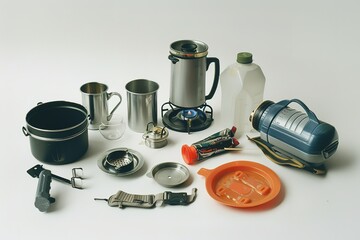 Mixer and metal bowl with kitchen utensil for preparation of dough on white background.