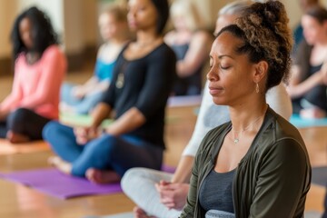 Professional Photography of a workplace wellness program offering yoga and meditation sessions that embrace diverse body types, Generative AI