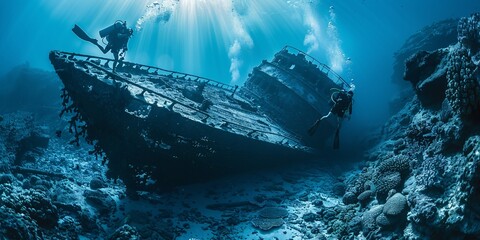 Fototapeta premium Explorers investigating the sunken vessel in the Gulf of Aqaba.