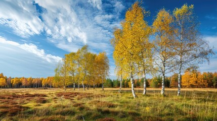 Colorful birch trees in a meadow with autumnal scenery under a blue sky
