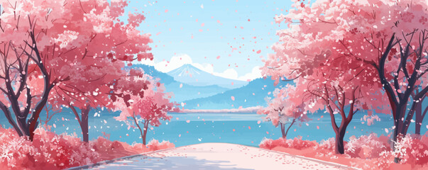A tranquil riverside promenade lined with cherry blossom trees in full bloom. Vector flat minimalistic isolated illustration.